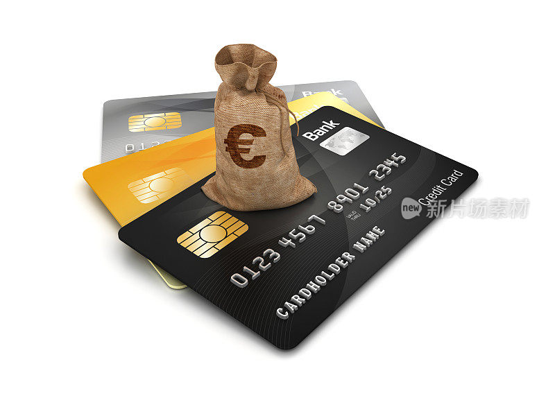 信用卡与欧元钱袋- 3D渲染
